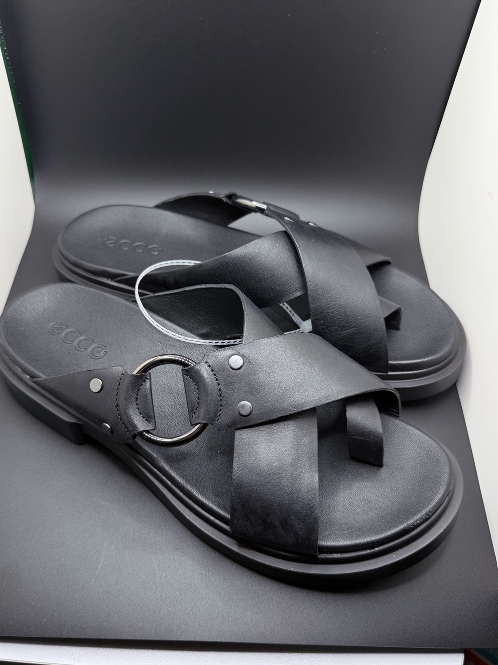 Ecco Black Leather Cross-Strap Slide Sandals NWOB - Picture 5 of 15